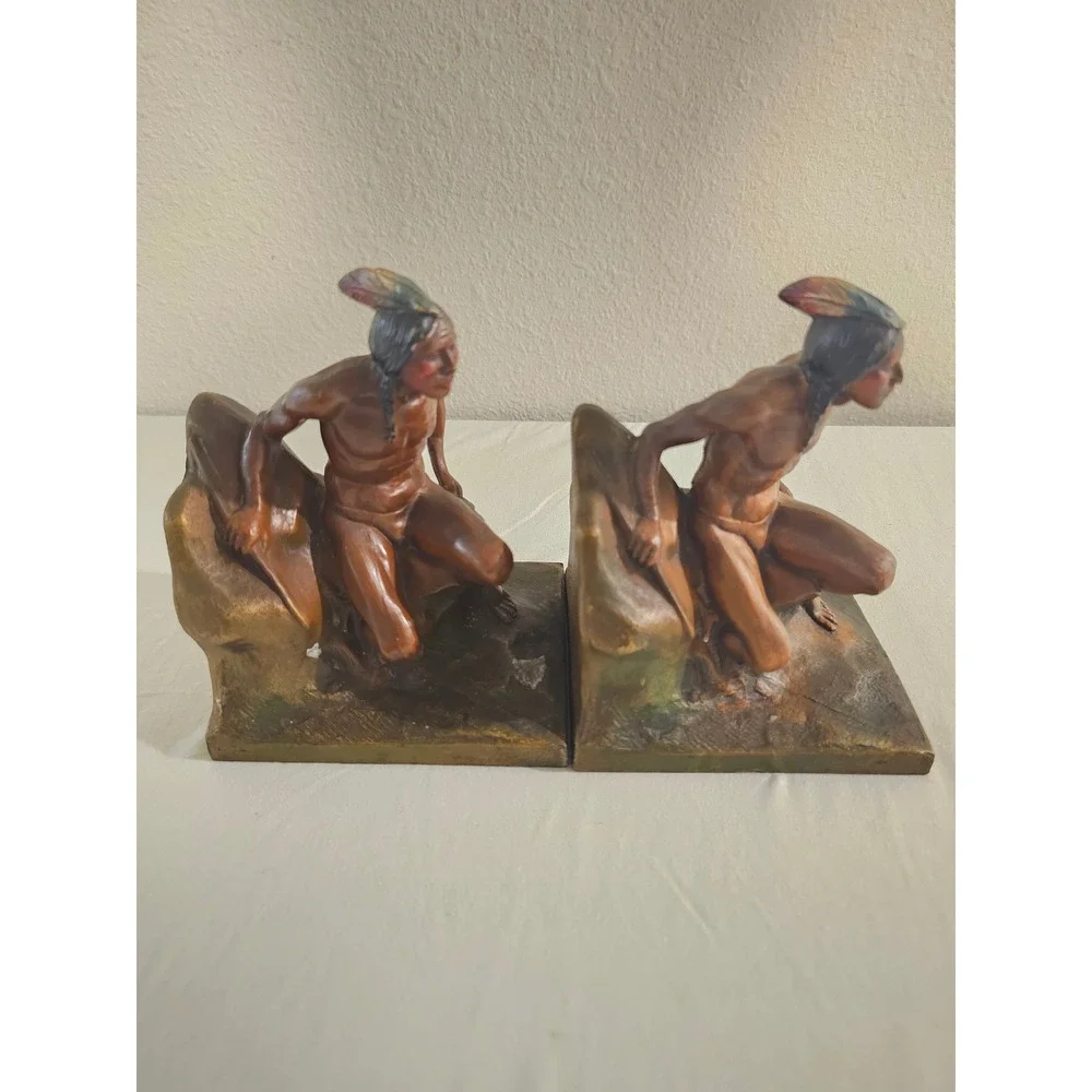 Vintage Native American Scout Cast Metal Polychrome Bookends Pair Bronze Tone
